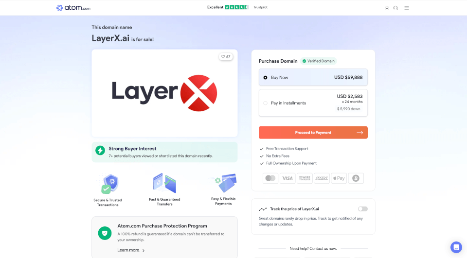 LayerX.ai高端域名：AI品牌首选，免费Logo+分期支付