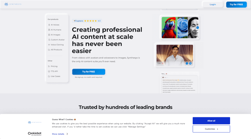 Synthesys.io：轻松生成AI语音、视频和图像