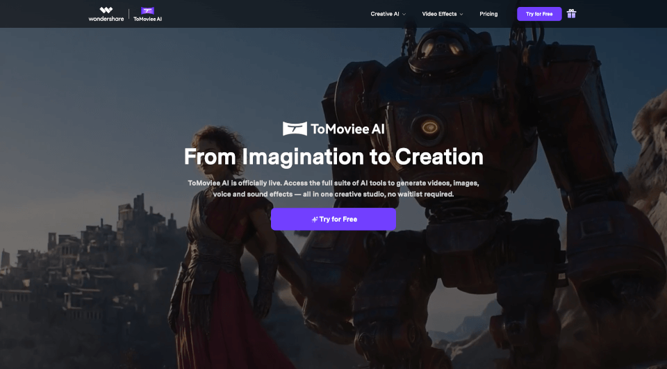ToMovieeAI：全能AI创意工作室，快速生成视频与音频