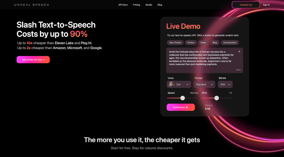 UnrealSpeech：超低成本的文本转语音API，支持多语言和长音频生成