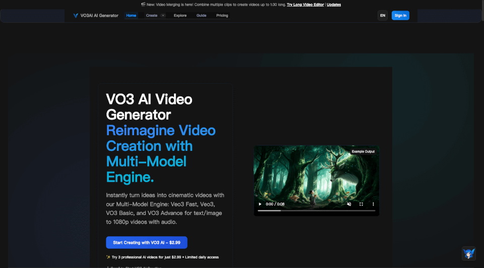 VO3AI视频生成器：文字图片秒变高清带音频视频