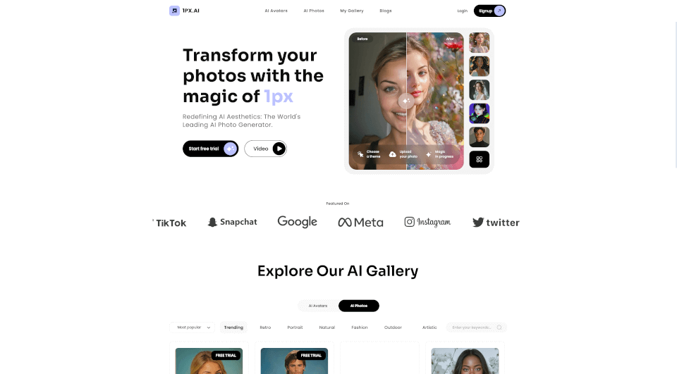 1PX.AI：全球领先的AI照片生成器，免费试用